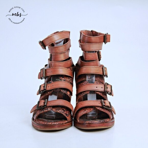 Vintage Foundry Co Odessa Leather Strap Side Heeled Sandal Booties Brown Women 8 - Picture 3 of 13